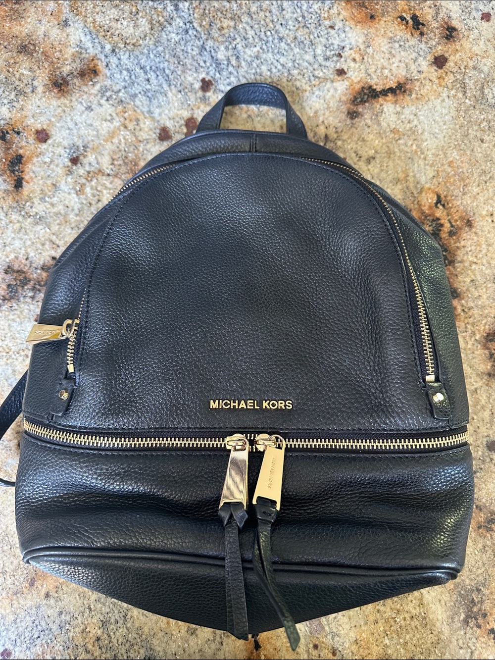 Michael Kors Black Pebbled Leather Backpack with Gold Hardware
